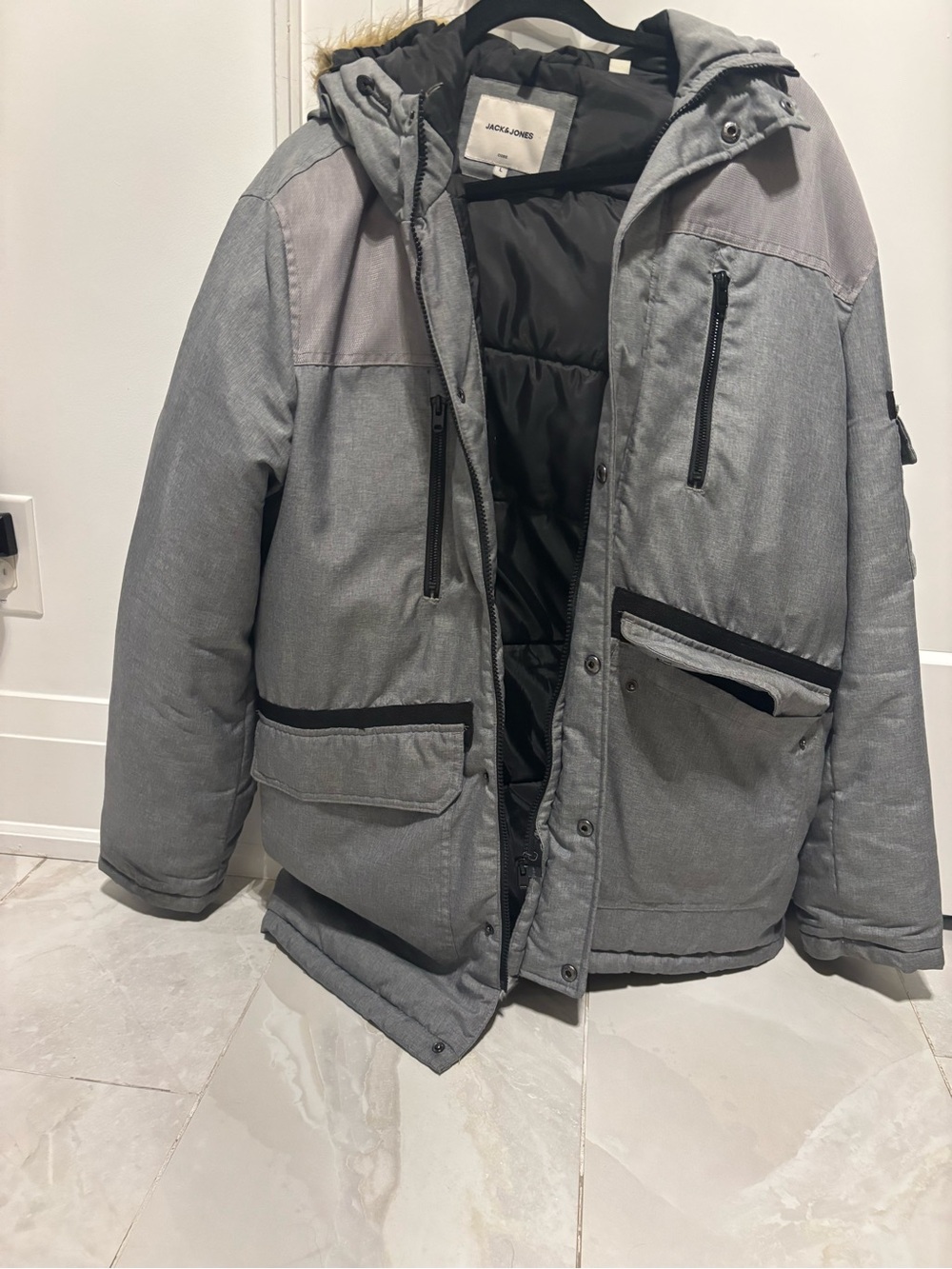 Jack & Jones Gray Hooded Puffer Coat with Black Lining